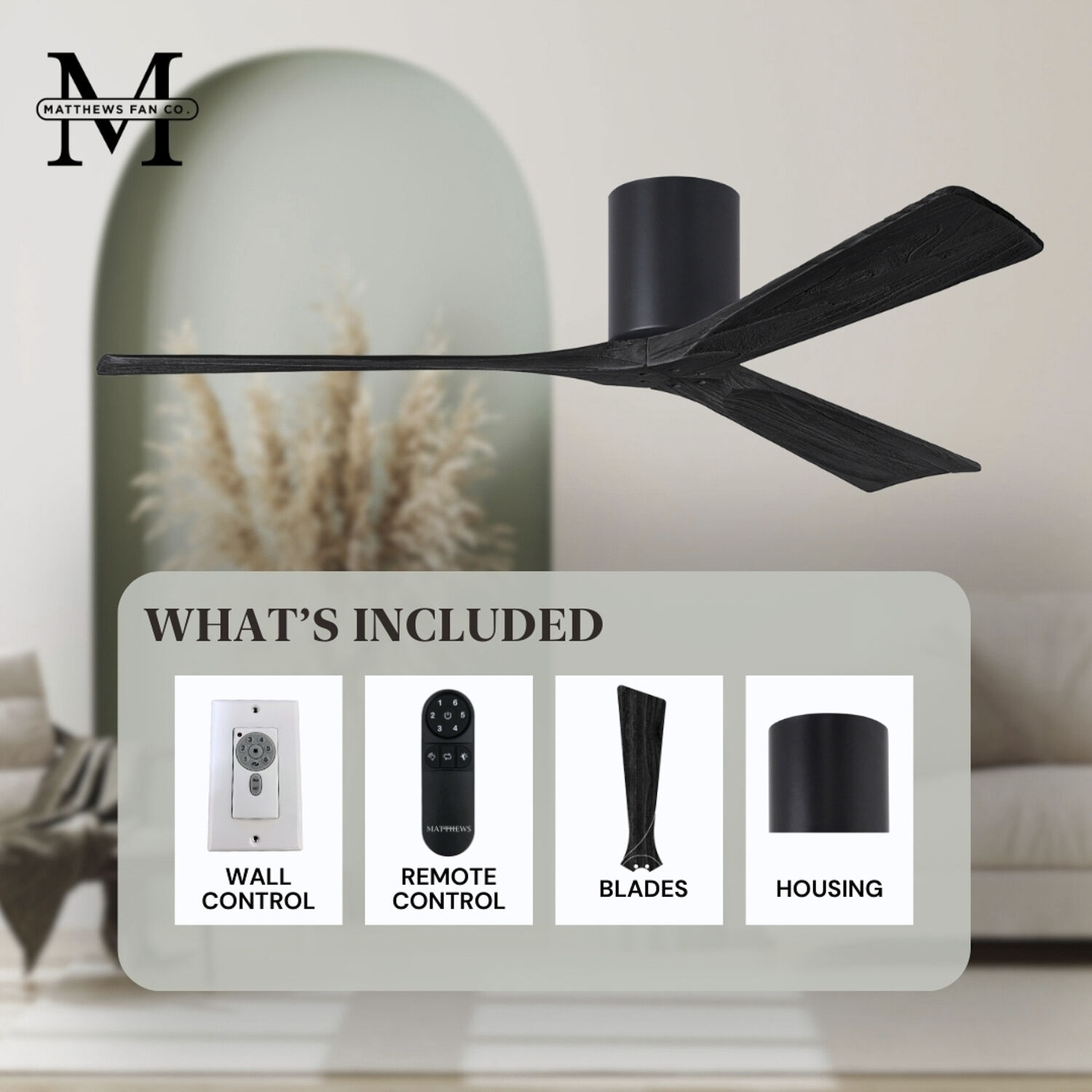 Atlas Irene-3H 42 inch Matte Black Flush Mount Paddle Fan, Flush Mounted